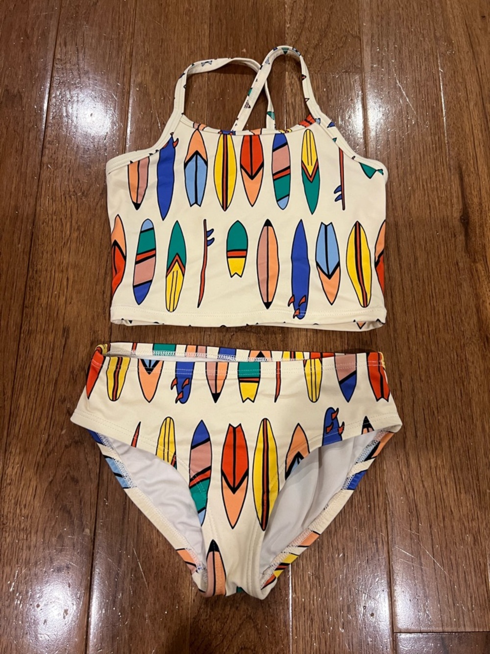 Hanna Andersson Surfboard Print Tankini Set with Multicolor Boards Hang Ten Ecru